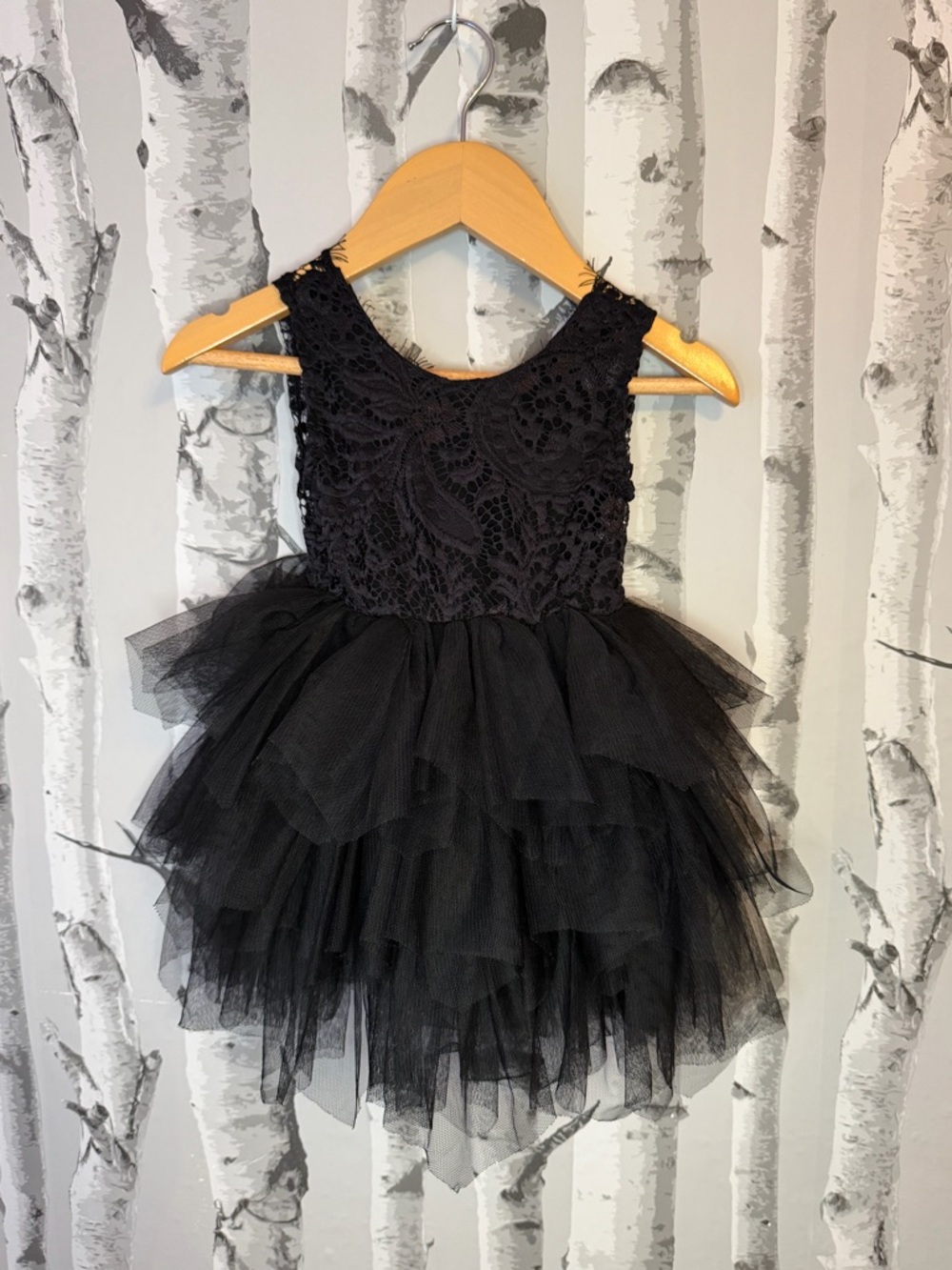Black Backless A-Line Lace & Tulle Tiered Dress
